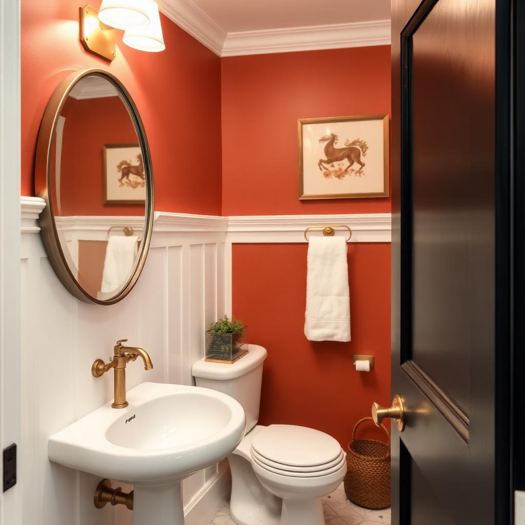 Powder room with terracotta walls and white wainscoting