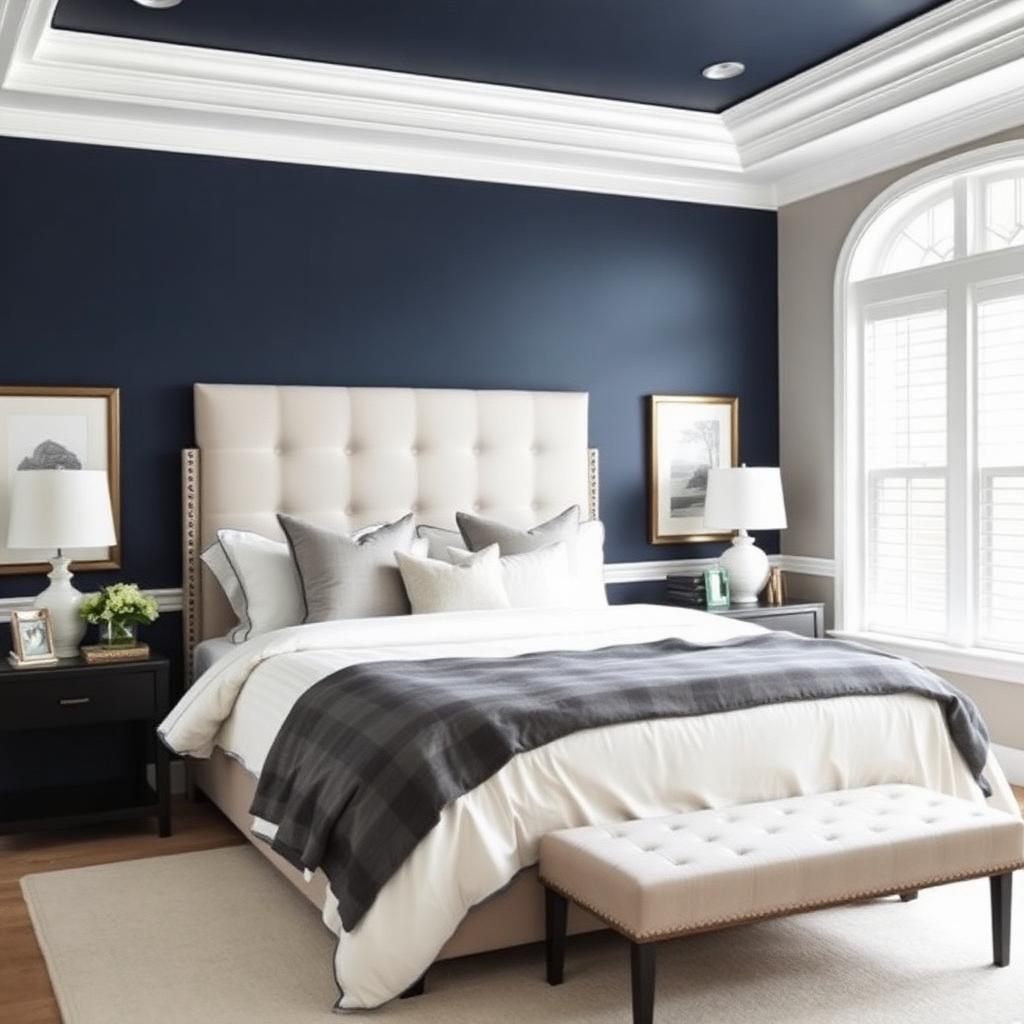Elegant master bedroom with a navy painted accent wall
