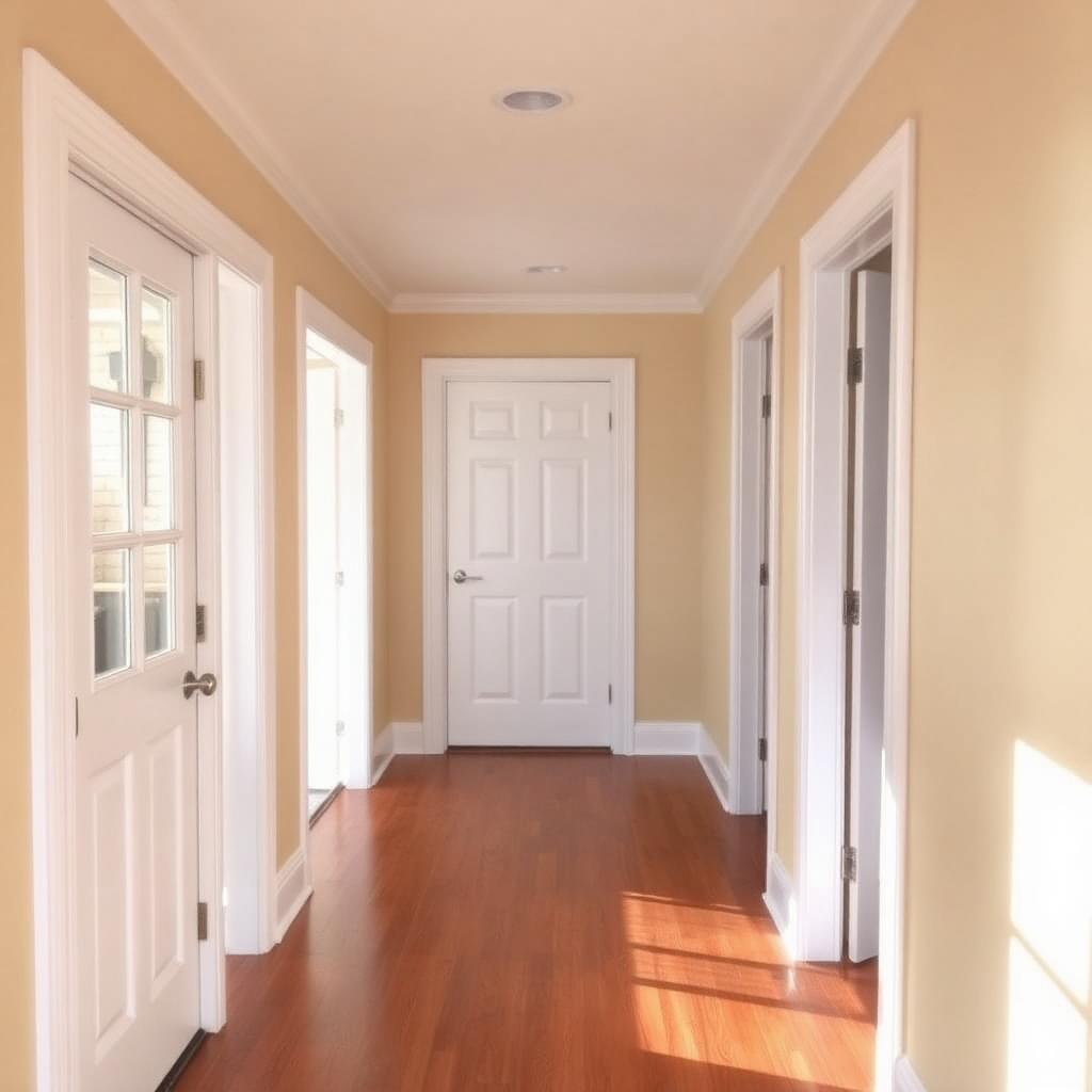 Hallway with warm cream walls and freshly painted white doors