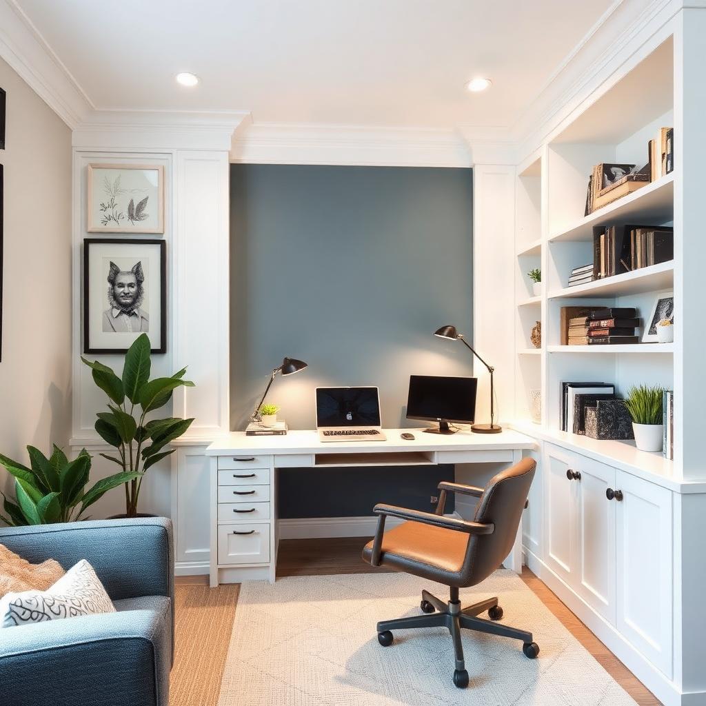 Home office with a muted blue accent wall and white built-in shelving