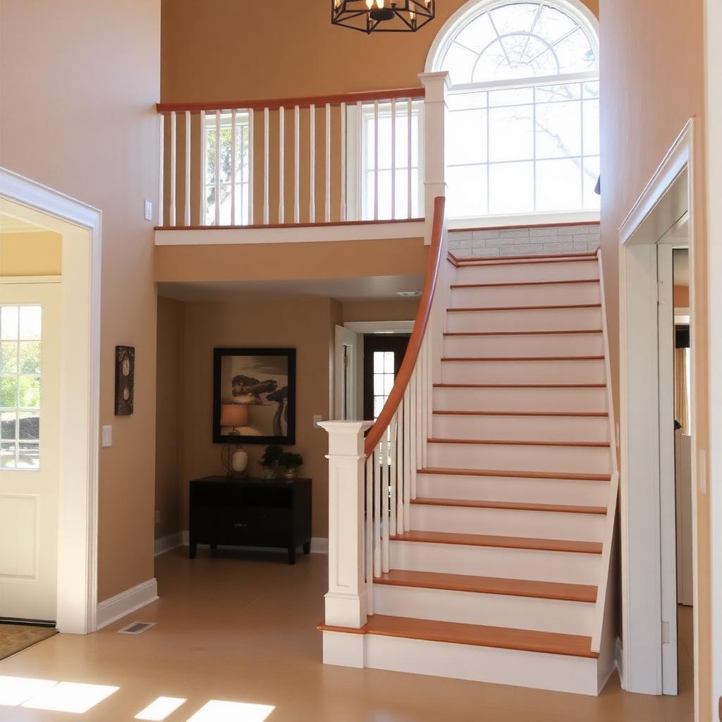 Home entryway with a painted staircase and warm beige walls
