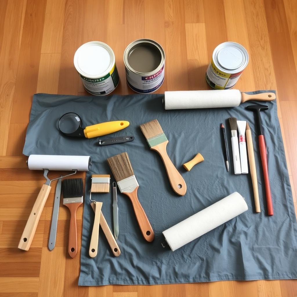 Painter's brushes, rollers, and paint cans laid out on a drop cloth